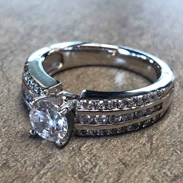 14K White Gold 3 Row Diamond Accent Engagement Ring
